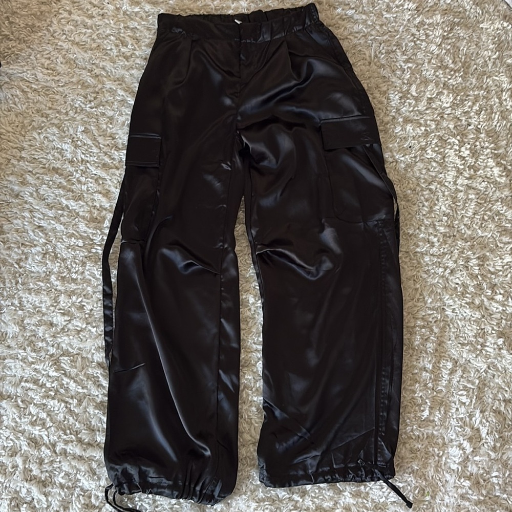 Black Satin Cargo Pants